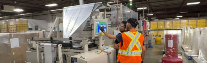 Two factory workers at Ecopoly/Polyethics wearing safety glasses and high-visibility vests operate a large industrial manufacturing machine using a digital touch screen monitor inside a spacious warehouse.