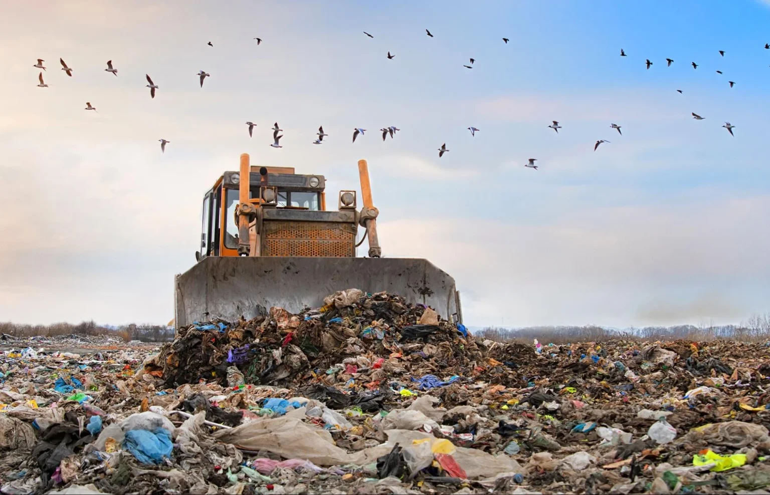 A large yellow bulldozer pushes a massive pile of unsorted garbage at a landfill while birds fly overhead, illustrating the final destination for waste that is not properly sorted at home for recycling or composting facilities.